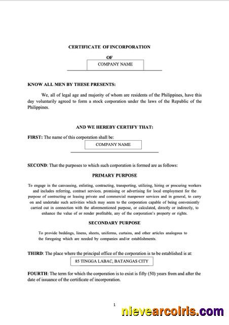 Philippines Batangas certificate of incorporation